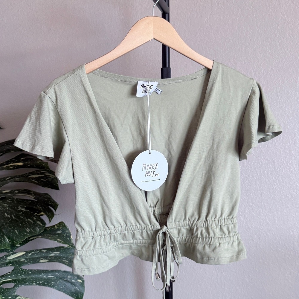 NWT Princess Polly Jamison Reid Crop green Tie Front Flutter Sleeves Size Medium